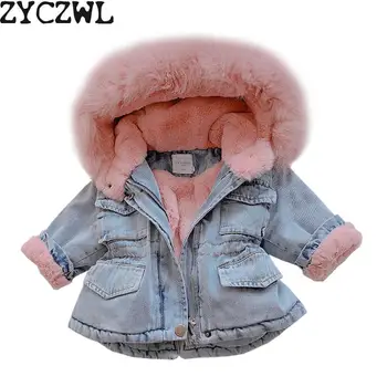 2019 Zimné Baby Girl Denim Jacket Plus Velvet Real Kožušiny Teplé Batoľa Dievča Vrchné Oblečenie Kabát 1-4 Rokov Deti Detská Dievča Vetrovka