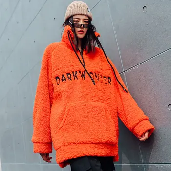 2019 Zimné Street Style Orange Velvet Mikina Ženy Nadrozmerné Hoodies Voľné Písmeno Punk Štýl Dámske Mikiny Pulóver