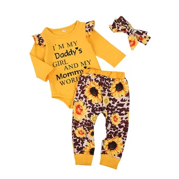 2020 3 Ks Novorodenca Jeseň Oblečenie, Detská baby dievčatá Leopard Slnečnice Tlač Dlhý Rukáv Kolo Krku Romper+Nohavice+hlavový most