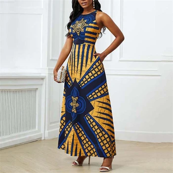 2020 Afriky Oblečenie pre Ženy Dashiki Tlač Európskej Šaty Bazin Bohaté bez Rukávov Módne Kolo Krku Maxi Vestido Plus Veľkosť