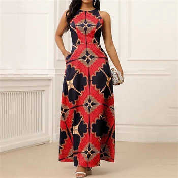 2020 Afriky Oblečenie pre Ženy Dashiki Tlač Európskej Šaty Bazin Bohaté bez Rukávov Módne Kolo Krku Maxi Vestido Plus Veľkosť