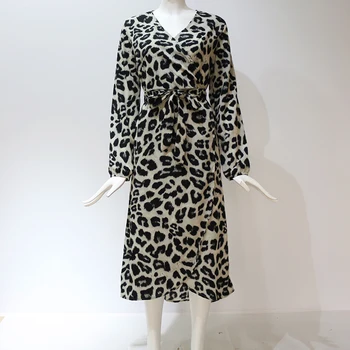 2020 Bežné Leopard Tlač Dlhý Rukáv Jar Jeseň Vintage Šaty Dámske Šaty tvaru Dlhé Maxi Party Šaty Zvierat Voľné Full