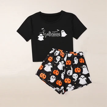 2020 Bežné Šťastný Halloween Cartoon Tlač Krátke Rukáv Tričko Šortky Ženy Pajama Sady Halloween Ženy Pajama Sady Dropshipping