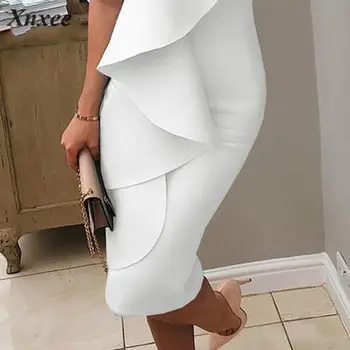 2020 biele šaty volánikmi Žena Pevné Rebrovaný šaty Bežné Slim šaty Módne štýl Mock krku backless