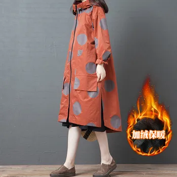 2020 Dlho Windbreaker Kabát Žien Jeseň Zimné Oblečenie Retro Voľné Veľké Veľkosť Potlače s Kapucňou Plus Velvet Bundy