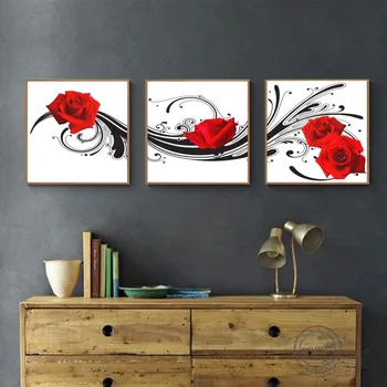 2020 Domáce Dekorácie 3 Kusov / Súprav Plátno Maľoval Červená Kvetinový Vzor, Karafiát, Ruža Umenie Black Backg