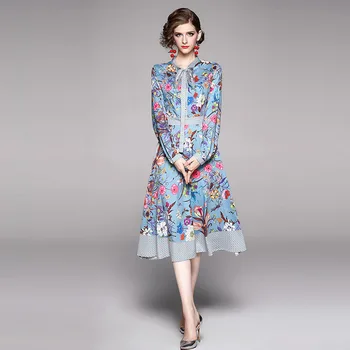 2020 Jar Dráhy Dizajnér bežné Elegantné Šaty Žien luk krk dlhý Rukáv Kvetinový Tlačené Šaty Dot tlače vestidos