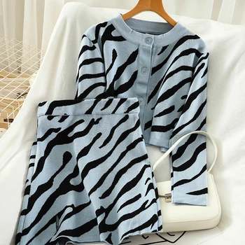 2020 Jar jeseň Zrastov Ženy 2 Dielna Sada Zebra-Prúžok kórejský Zebra Prúžok Módy Obleky Voľné Cardigan A-line Midi Sukne TZ573
