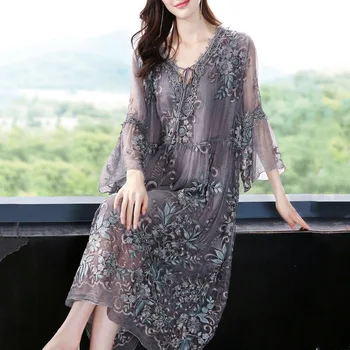 2020 Jar Leto kórejský Štýl Dámske Vysoké strede zúžený Výšivky Šedé Šaty , Voľné 4xl Imitácia Hodvábu Šaty pre Ženy
