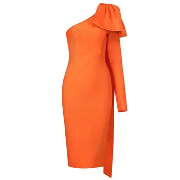 2020 Jar Nové Žien Obväz Šaty, Sexy Orange Jedného Pleca Dlhý Rukáv Luk Tesný Zapadajú Split Klub Celebrity Party Šaty