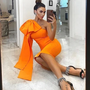 2020 Jar Nové Žien Obväz Šaty, Sexy Orange Jedného Pleca Dlhý Rukáv Luk Tesný Zapadajú Split Klub Celebrity Party Šaty