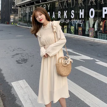 2020 Jar Nový Kórejský Šaty Žien Francúzsky Tenký Dlhý Rukáv Elastický Pás Jednoduché, Pevné A - Line Šaty Elegantné Ženy Vestidos