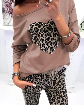 2020 Jar Ženy Móda Bežné Dvoch-dielny set Voľný čas Obleky Nastaviť Leopard Tlač Srdce Dizajn Korálkové Top a Nohavice Nastaviť