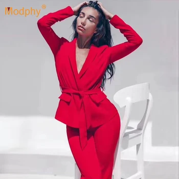 2020 jarnej módy sexy nové žien vyhovovali red white nastavenie pásu bunda & nohavice 2 dva-kus office celebrity strana nohavice nastaviť