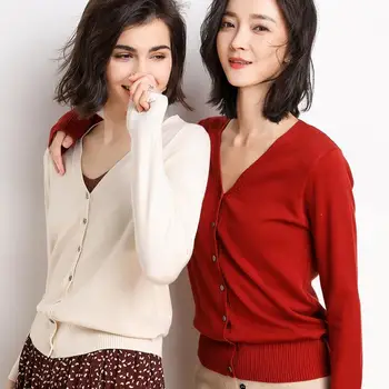 2020 Jeseň Cardigan Ženy Kórejský V Krku Pletený Sveter Feminino Dámy Dlhý Rukáv Voľné Tlačidlá Cardigan Tenkú Vrstvu
