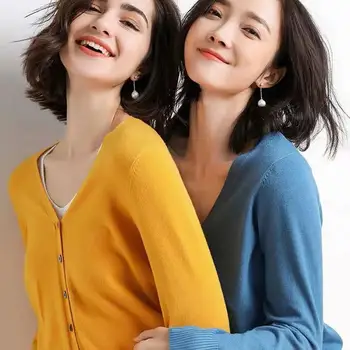 2020 Jeseň Cardigan Ženy Kórejský V Krku Pletený Sveter Feminino Dámy Dlhý Rukáv Voľné Tlačidlá Cardigan Tenkú Vrstvu