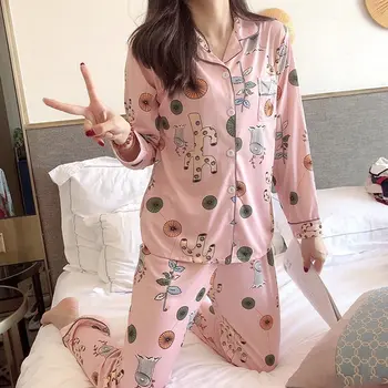 2020 Jeseň dámske Pyžamo Súpravy s kvetinovým Tlače Módne Luxusné Žena Faux Hodváb Dva Kusy Košele + Nohavice Nighties Sleepwear