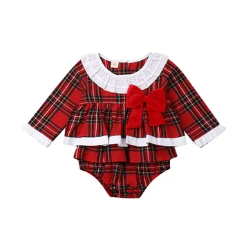 2020 Jeseň Fashion Vianoce Batoľa Novorodenca Dievča Chlapci Kombinézach Luk Červená Pléd, Tlač Dlhý Rukáv Bavlna Jumpsuit Oblek Oblečenie