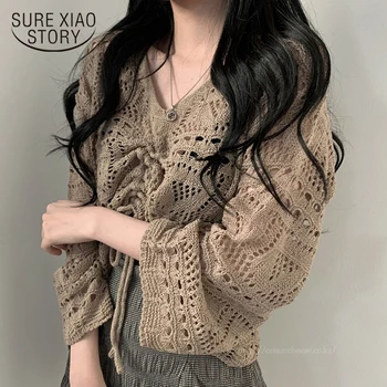 2020 Jeseň kórejský Štýl, Duté-out Pletené Tričko Ženy Príležitostné Voľné Tuhé Ženy, Blúzky, tvaru, Dlhý Rukáv Lady Oblečenie 10194
