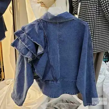 2020 jeseň nový kórejský módneho tvaru rozstrapatené dlhý rukáv, krátke džínsové bundy ženy Denim Coats Žena outwear