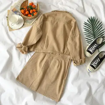 2020 Jeseň Oblečenie Pre Ženy Bežné Jednoduché Zase dole Golier Dlhý Rukáv Fashion Farbou Vrecku Voľné Pohodlie Dve Kus Oblek