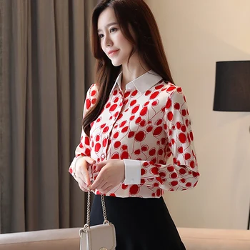 2020 jeseň topy dámske červené polka dot šifón tričko tričko sladké dizajn temperament kórejský dlho puzdre tričko špeciálne predaj