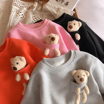 2020 Jeseň Zima Nový Príchod Dievčatá Módne Medveď T Shirt Deti Candy Farby Teplé Fleece Topy Deti Oblečenie