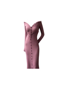 2020 Jeseň Zima Nový Vintage Elegantné Úsek Pevne V Krku Šaty Off Sexy Ramenný Dlhý Rukáv Šaty pre Ženy, Vysoko Elastické