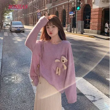 2020 Jeseň Zima sveter ženy kórejský Harajuku Medveď Japonský Kawaii Kolo krku Žena sveter voľné plus veľkosť pulóver