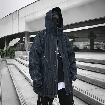 2020 Jeseň Zimné Móda Hip Hop Bežné Bunda S Kapucňou Kórejský Štýl Voľné Oblečenie, Streetwear Pruhovaný Kabát Denim Topy Mužov