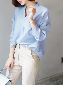 2020 Jeseň Šifón, Blúzky, Ženy Sladký Kórejský Topy Mladých Voľné Skladaný Office Tričko Jar Modrá Elegantné Ženy Blúzky