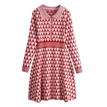 2020 Jeseň Ženy Vintage Červená Láska Srdce Pletené Šaty Dámske Oblečenie Elegantné Singel Svojim Dlhým Rukávom Midi Sveter Šaty