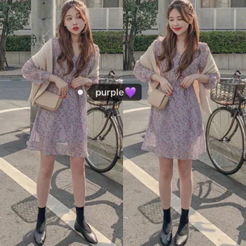 2020 Kórea jar a leto, elegantné sladká holka, fialová veku retro kvetinový dlhé rukávy pás malé krátke šaty