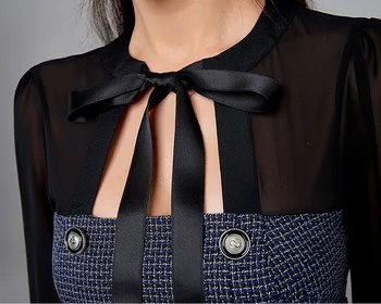 2020 Kórea Jeseň Elegantné Double-Breasted Šifón Patchwork Koberčeky Tweed Vintage Office OL Lady motýlik Strany Ceruzky Šaty