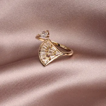 2020 Kórea Nový Dizajn a Módne Šperky Nádherné AAA Zirkón Ventilátor Otvorenie Nastaviteľné Prom Party 14K zlata Krúžok pre ženy