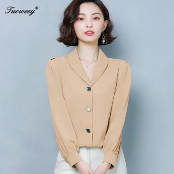 2020 kórejské Oblečenie Šifón Pevný Stojan Blúzka Ženy OL Vintage White Dlhý Rukáv Košele Ženy Blusas Mujer De Moda