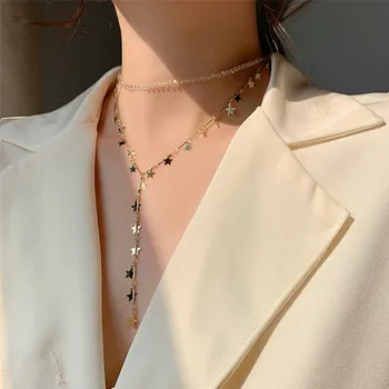 2020 Kórejský Nový Dizajn A Módne Šperky Dvojitá Reťaz Crystal Krátky Náhrdelník Star Prívesok Žena Clavicle Náhrdelník