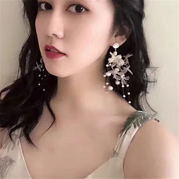 2020 Kórejský Zlato Vintage Kvet Petal Náušnice S Perlou Strapec Dlhé Náušnice Kvapka Pre Ženy Roztomilý Dievča Jarné Módne Šperky