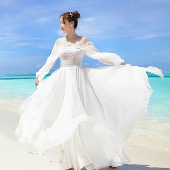 2020 Lete Šifón Šaty Žien Elegantný Dlhý Rukáv Vintage Lomka Krku A-Line White Beach Party Šaty Vestidos