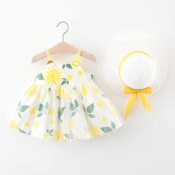 2020 Letné baby Dievčatá roztomilý Šaty + Klobúk Sladké Šaty Dieťa Tlač - line Šaty deti baby girl šaty