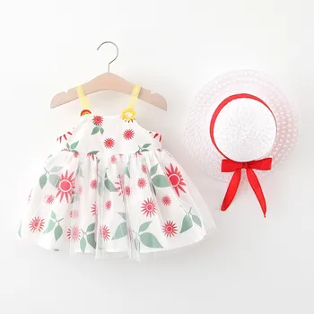 2020 Letné baby Dievčatá roztomilý Šaty + Klobúk Sladké Šaty Dieťa Tlač - line Šaty deti baby girl šaty
