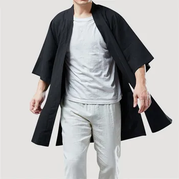 2020 Letné Bundy pre Mužov Polovica Rukáv Plátenná Košeľa Harajuku Kimono Bežné Cardigan Vintage Topy Hanfu Outwear Trenchcoat