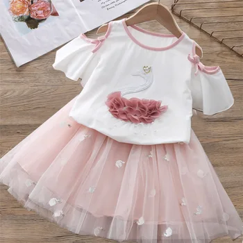 2020 Letné Dievčenské Oblečenie Sady Elegantné Kreslených Princezná Vyšívané Hore+perlinkové tkaniny Sukne 2KS Deti, Baby, Deti, Dievčatá Šaty, Oblek