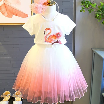 2020 Letné Dievčenské Oblečenie Sady Elegantné Kreslených Princezná Vyšívané Hore+perlinkové tkaniny Sukne 2KS Deti, Baby, Deti, Dievčatá Šaty, Oblek