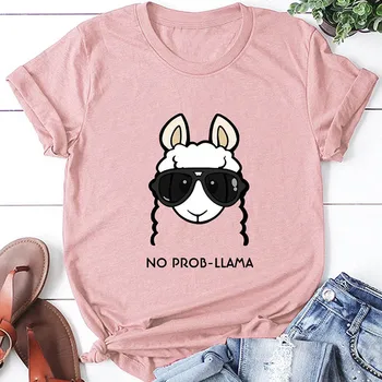 2020 Letné tričko Ženy, No Prob Lama T-Shirt Cartoon Hlavu Tlačiť Krátky Rukáv Bavlna Bežné Topy Dámske Tričká Plus Veľkosť 5XL