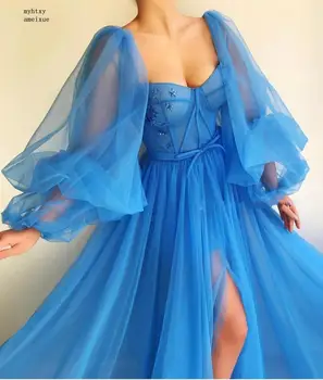 2020 Modrá Dubaj Večerné Šaty Dlhé, Sexy Pozdĺžneho tvaru Korálkové Tylu Formálne Šaty Pre Večerné Party Šaty, Lacné Dlhé Večerné Šaty