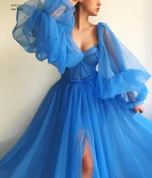 2020 Modrá Dubaj Večerné Šaty Dlhé, Sexy Pozdĺžneho tvaru Korálkové Tylu Formálne Šaty Pre Večerné Party Šaty, Lacné Dlhé Večerné Šaty