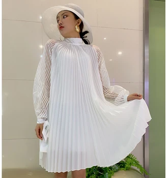 2020 Módne Voľné Skladaný Biele Šaty Ženy Plus Veľkosť Žena Biele Šaty Žena Voľné Elegantné Roztomilý Skladaný Biele Šaty