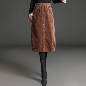 2020 Módne Väčšie Veľkosti Žien Vintage Cordurory Sukne Jeseň Zima Vysoký Pás Singel svojim Hip Sukňa Čierna Sivá