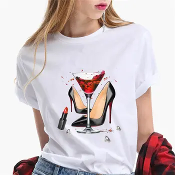 2020 Módy sexy vysoké podpätky ženy vytlačené T-shirt víno, Šampanské Harajuku grafické Estetické Tričko príležitostné O golier lete ženy